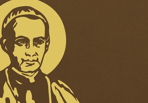 Gold line illustration of St Anthony Mary Claret holding a book inscribed “Evangelium Dei”, from the Año Claretiano emblem.